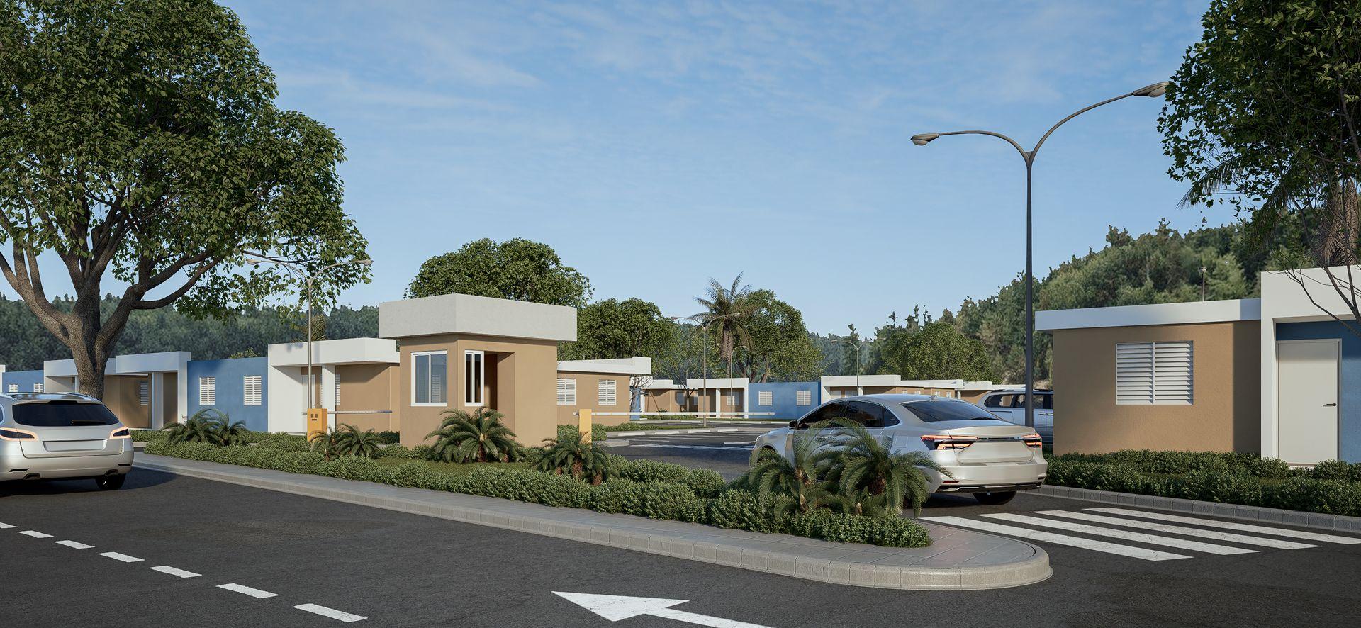 Residential street with modern houses, cars parked, lush trees, and blue sky.