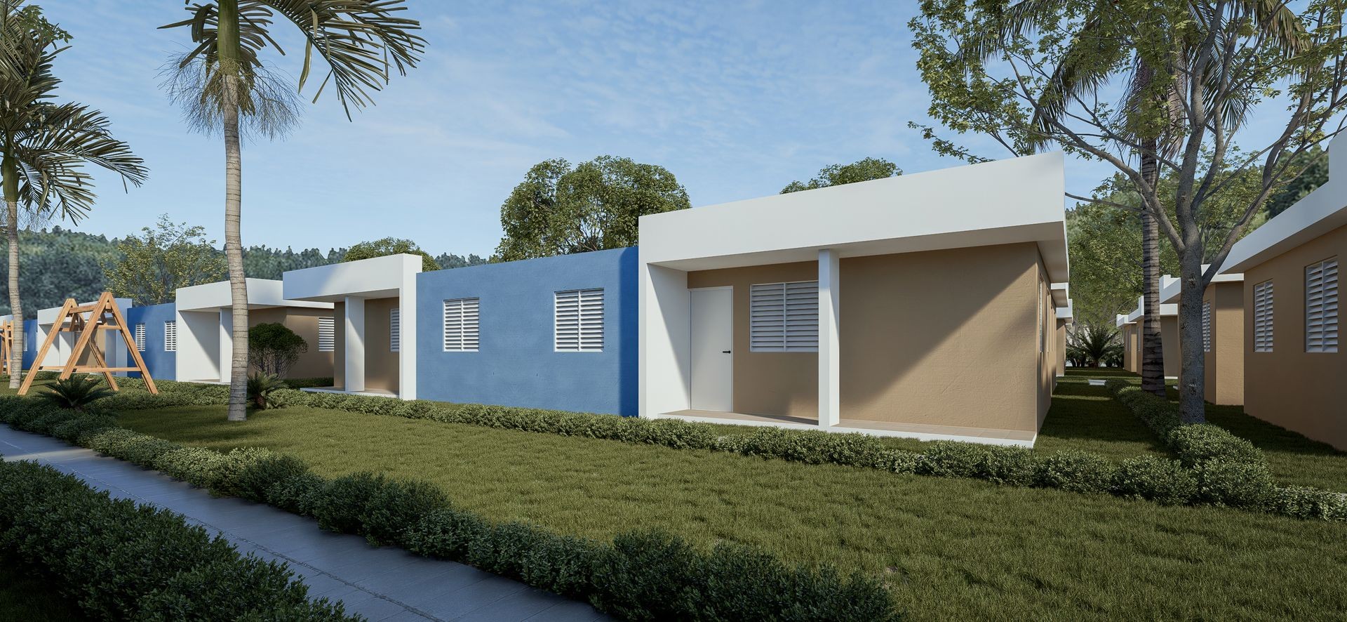 Modern housing development with cube-shaped homes, green lawns, and palm trees under a blue sky.